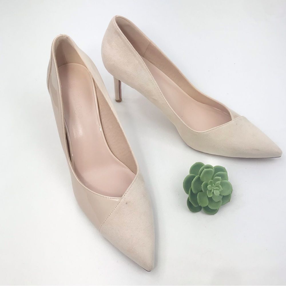 Coutgo Cream Patent Leather Faux Suede Pointed Toe Heels